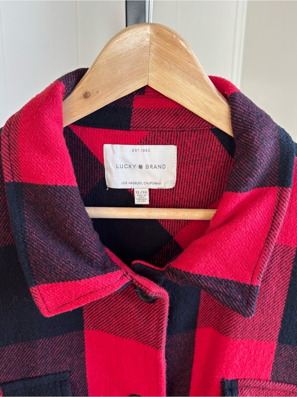 Lucky Brand Buffalo Plaid Shacket Red Black Oversized Shirt Jacket Womens XL